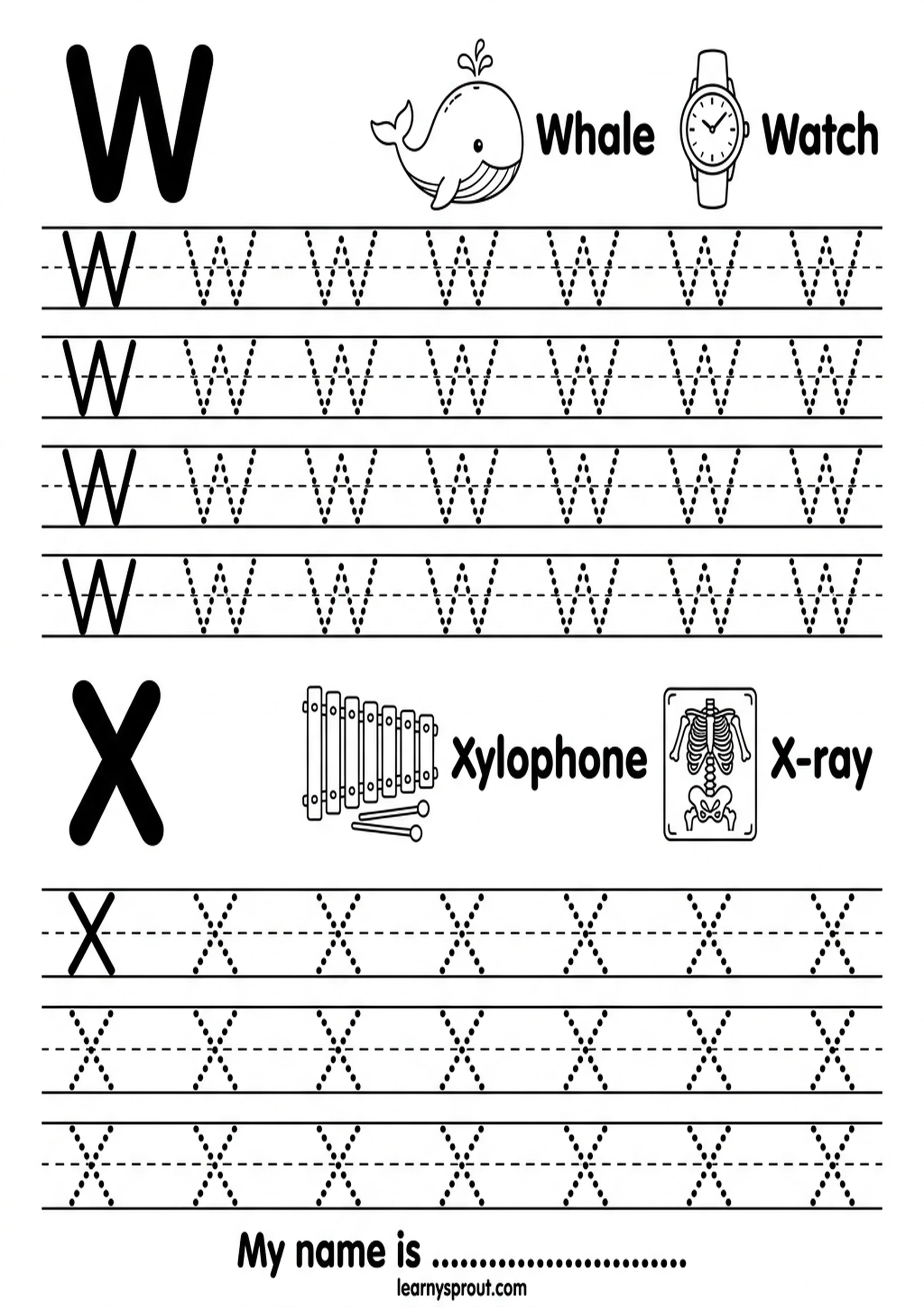 Letters W and X tracing worksheet