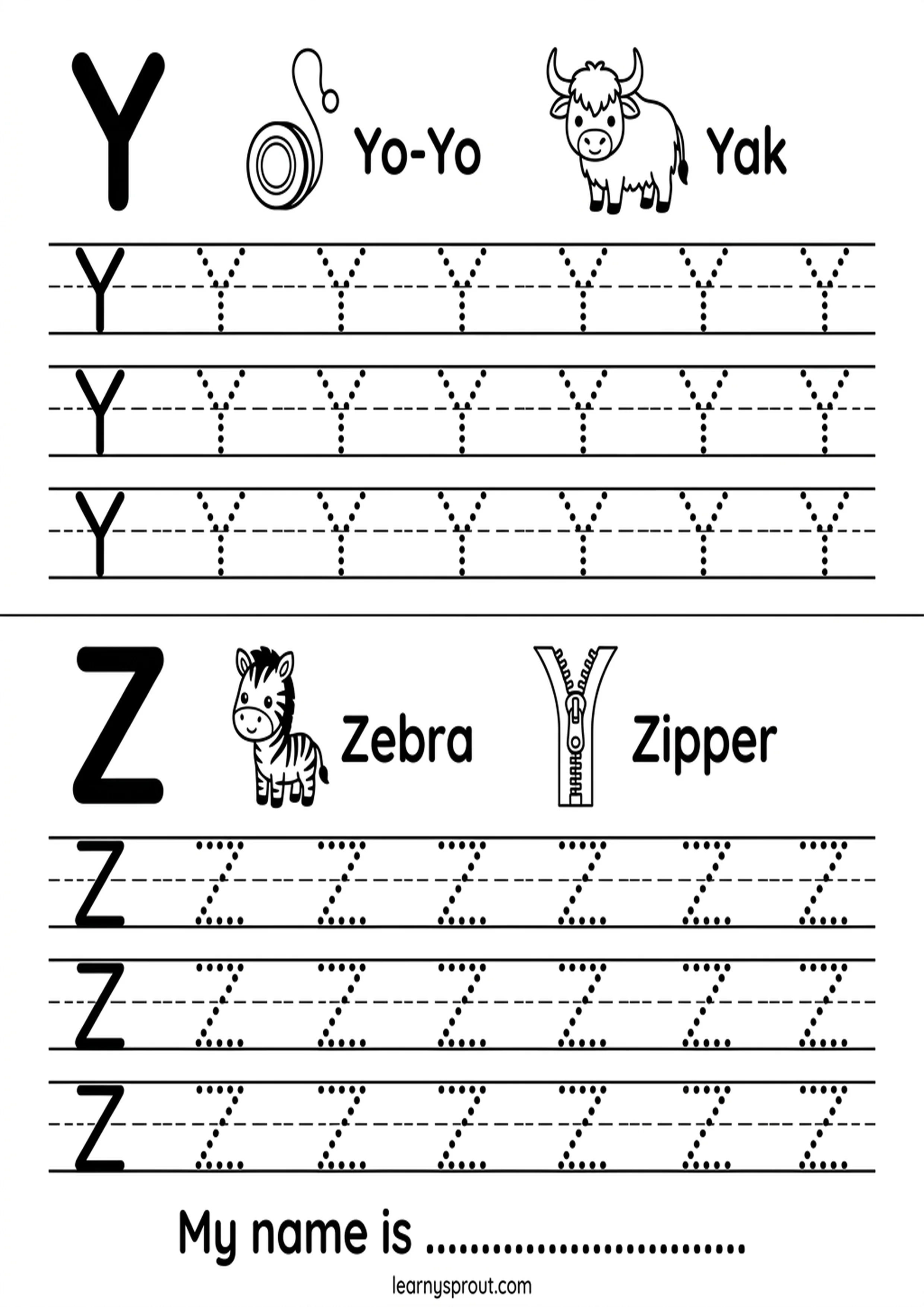 Letters Y and Z tracing worksheet