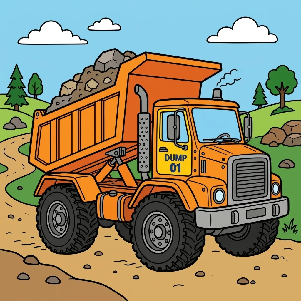 Black and white coloring page of dump truck
