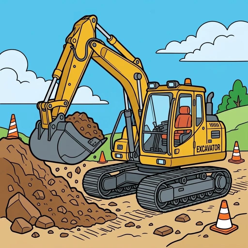 Black and white coloring page of excavator