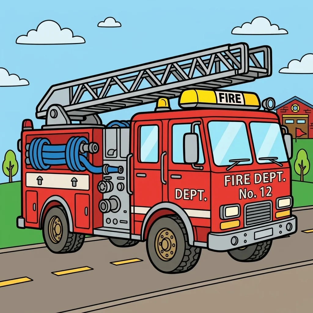 Black and white coloring page of fire truck