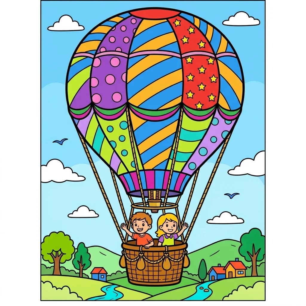 Black and white coloring page of hot air balloon
