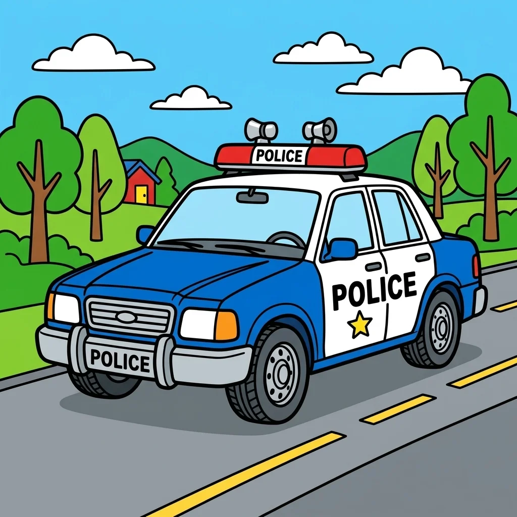 Black and white coloring page of police car