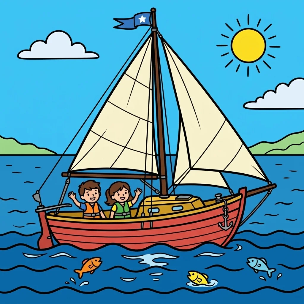Black and white coloring page of sailboat
