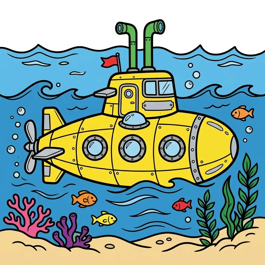 Black and white coloring page of submarine