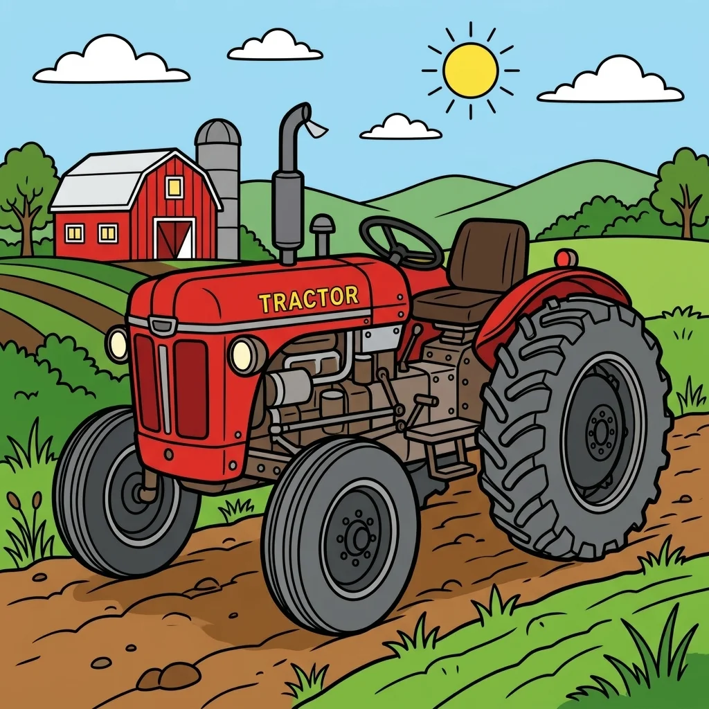 Black and white coloring page of tractor