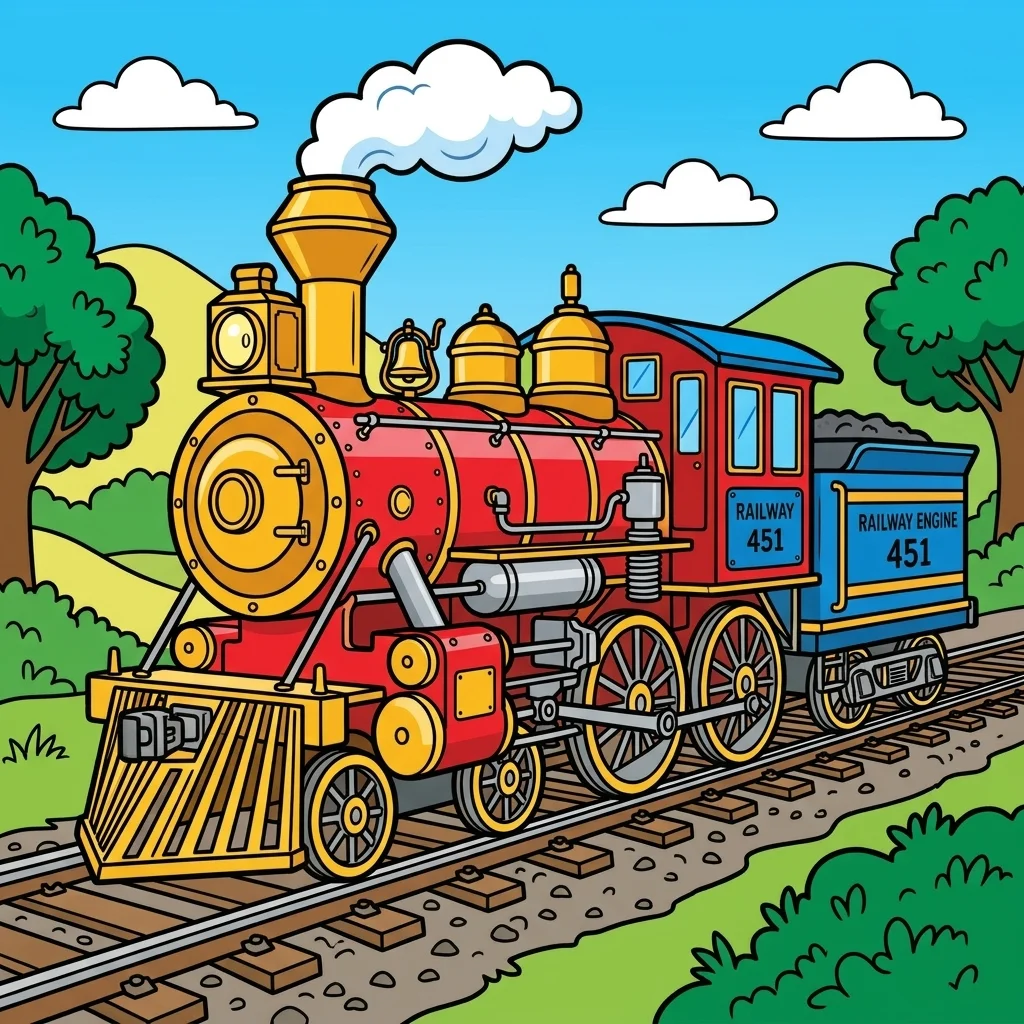 Black and white coloring page of train engine